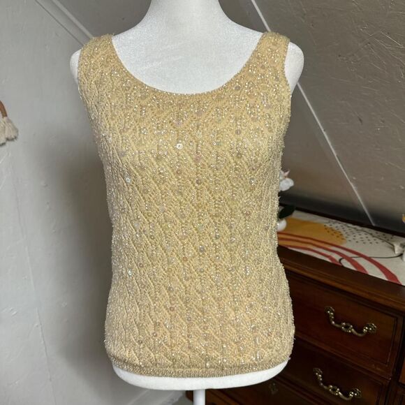 Vintage 60s Beaded Sweater Vest Sequin Hand Beaded by Cyn Les Wool Lined size 36 - Picture 1 of 7